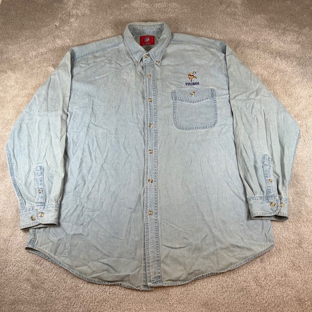 VTG NFL Minnesota Vikings Denim Shirt Mens XL Light Blue Long Sleeve Button Down